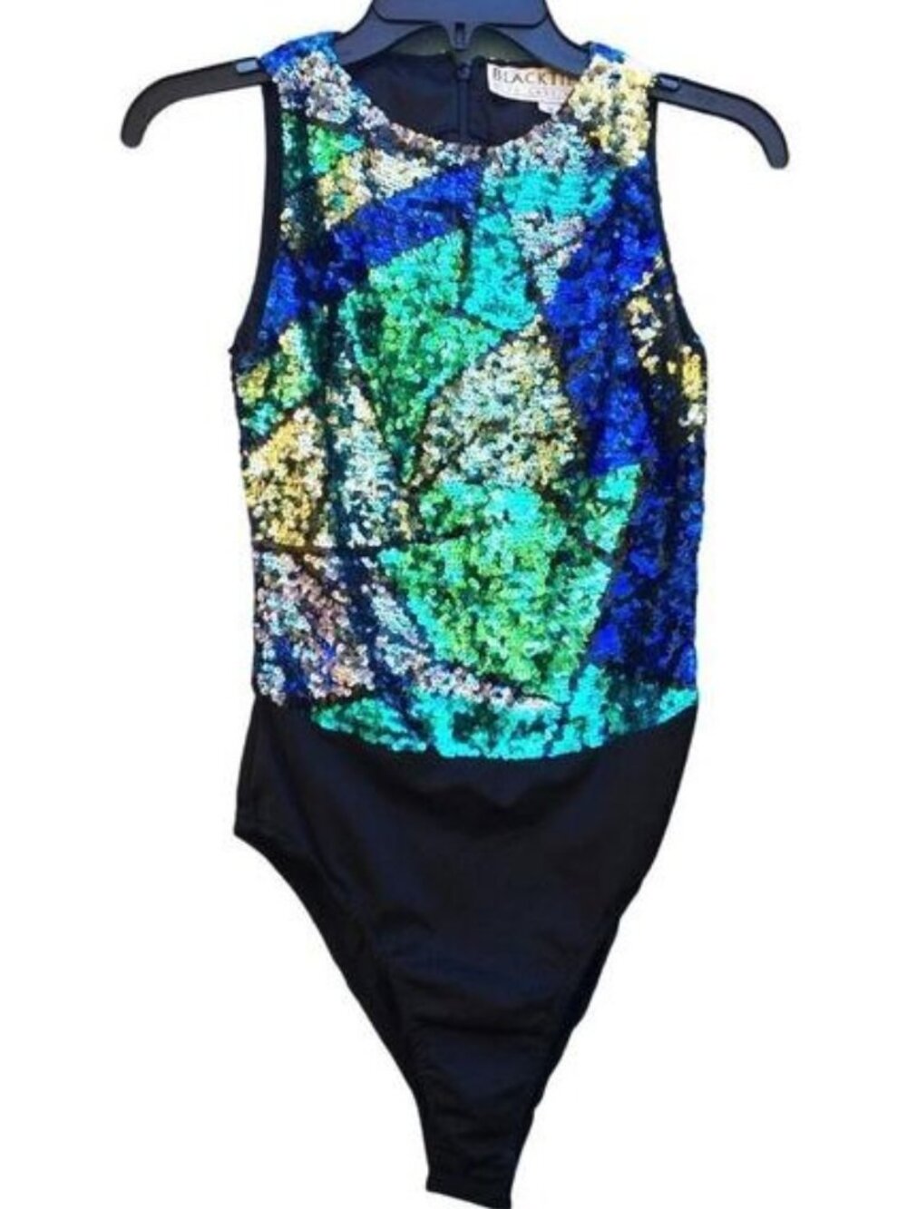 Oleg Cassini Black Tie Vintage Blue Green Sequin Sleeveless Dance Bodysuit S v6x